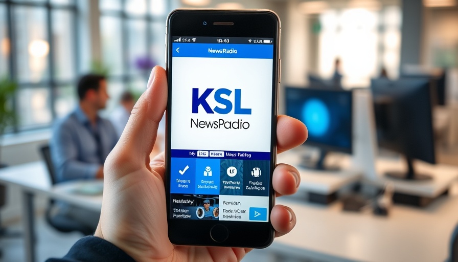 KSL NewsRadio app display in hand, office background.