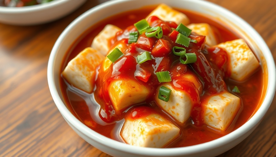 Mapo tofu sugar house, spicy tofu dish served in a white bowl.