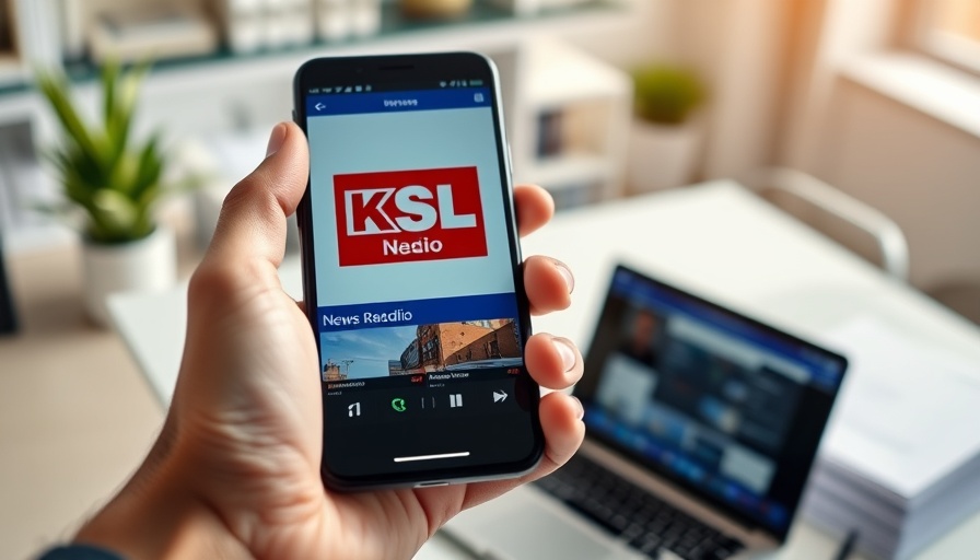 Hand holding smartphone with KSL Radio app, Salt Lake City community stories.