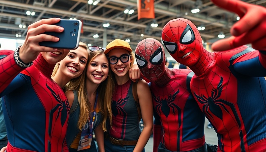 FanX 2025 Spider-Man cosplay group taking selfie in convention hall.