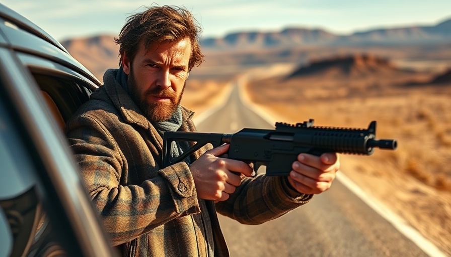 Rugged man with gun on desert road near car in new film release.