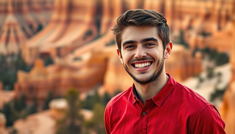 Young man smiling at Bryce Canyon with hoodoos in the background.