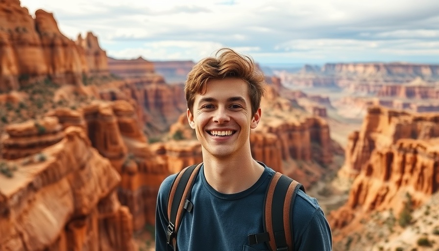 Young man smiling in front of scenic red rock formations.