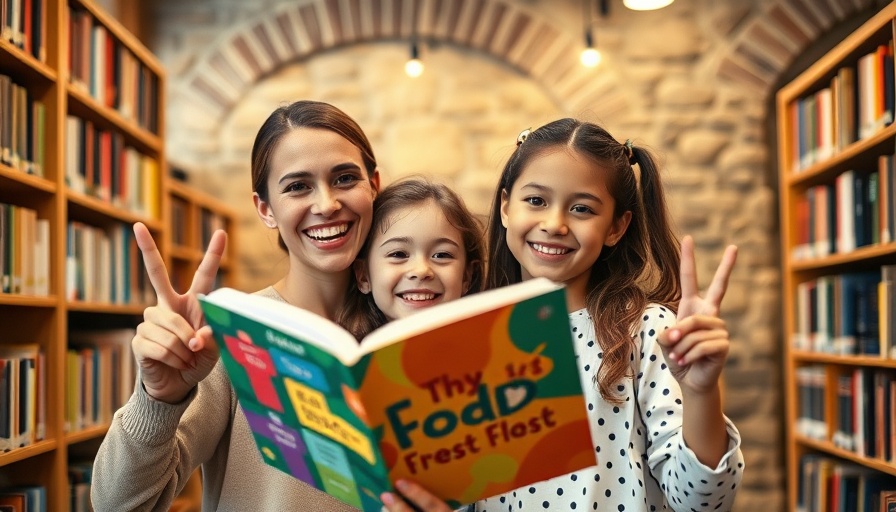 Joyful woman and girl with book and peace signs in a library, Princess Academy 20 years later theme.