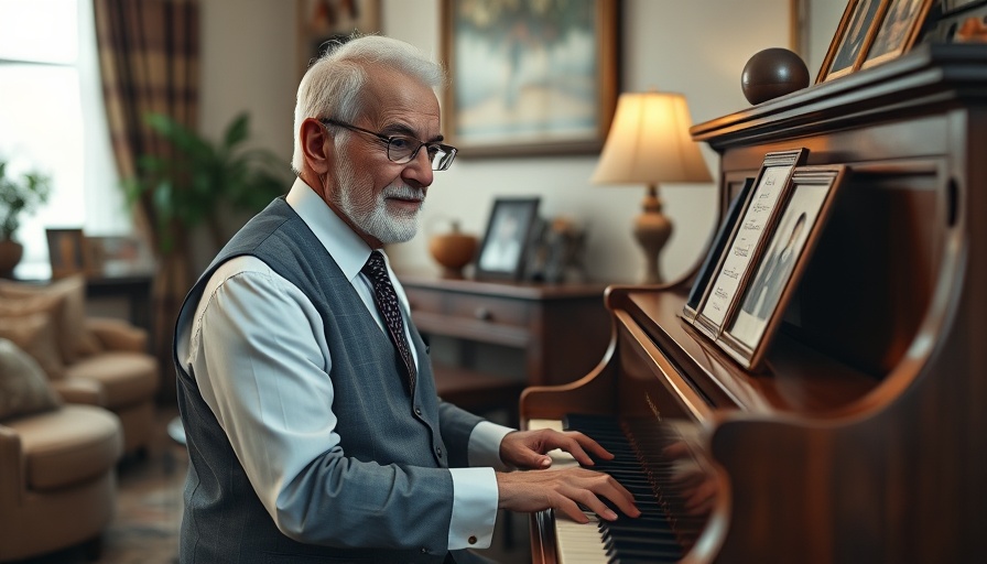 Elderly man playing piano in a cozy room, Russell M. Nelson Music Legacy.