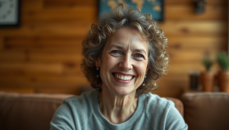 Middle-aged woman smiling warmly in a cozy room.