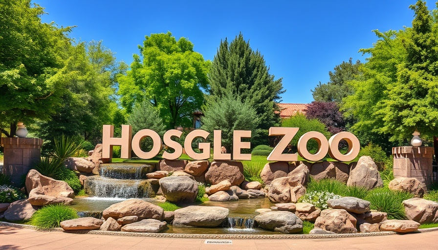 Hogle Zoo entrance with stone sign and waterfall, lush landscape.