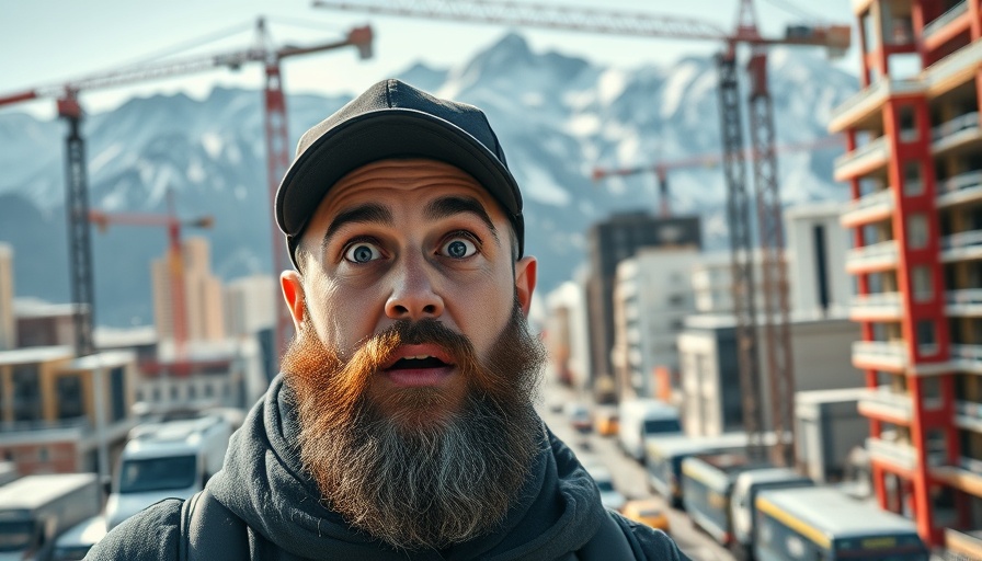 Growing pains of living in Utah: Surprised man with urban development backdrop.