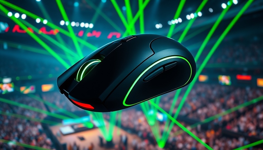 Black optical gaming mouse with green lasers over a crowded arena.