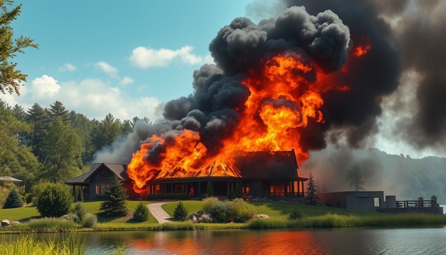 Burning house engulfed in flames and smoke near a lake.