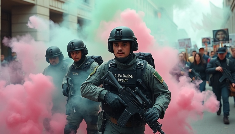 Military and protestors in Portland with colored smoke, urban tension