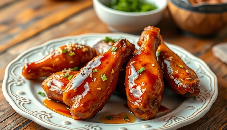 Honey soy chicken wings garnished with sesame seeds and herbs, recipe on a white plate.