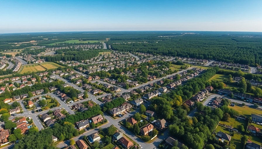 Aerial view of a suburban housing area with surrounding greenery under a clear blue sky.