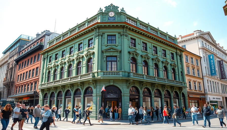 Uniqlo Market Street return with bustling city street and historic architecture