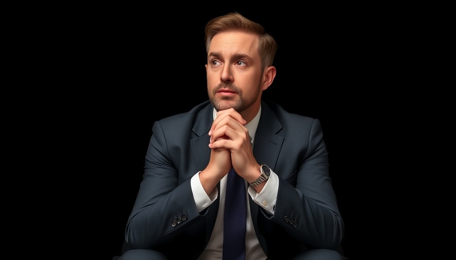 Thoughtful professional seated, hands clasped, in contemplative pose.