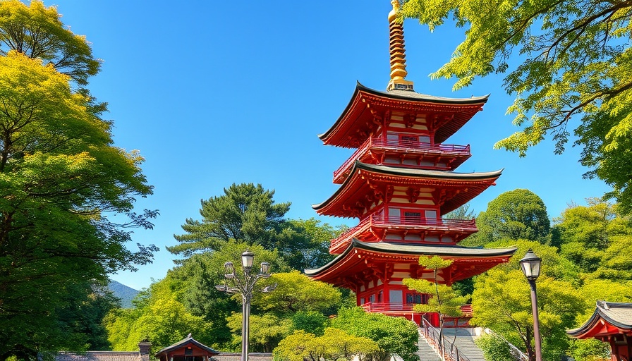 Japanese pagoda in lush garden during free admission hour.