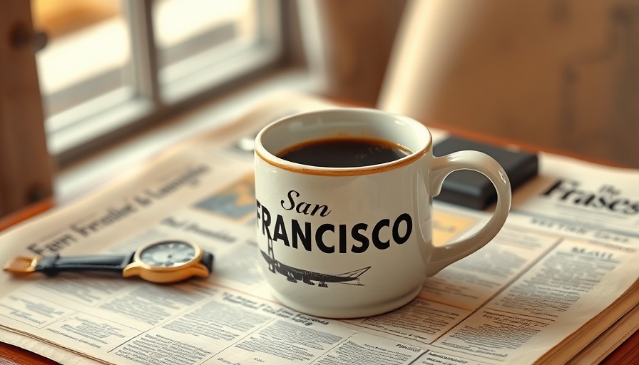 San Francisco mug on newspaper beside vintage watch.