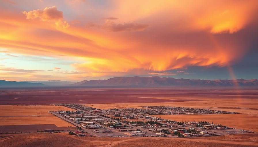 Scenic view of Nevada town with rainbow and mountains at sunset.
