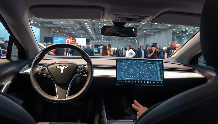 Tesla car interior showcasing full self-driving tech at an expo.