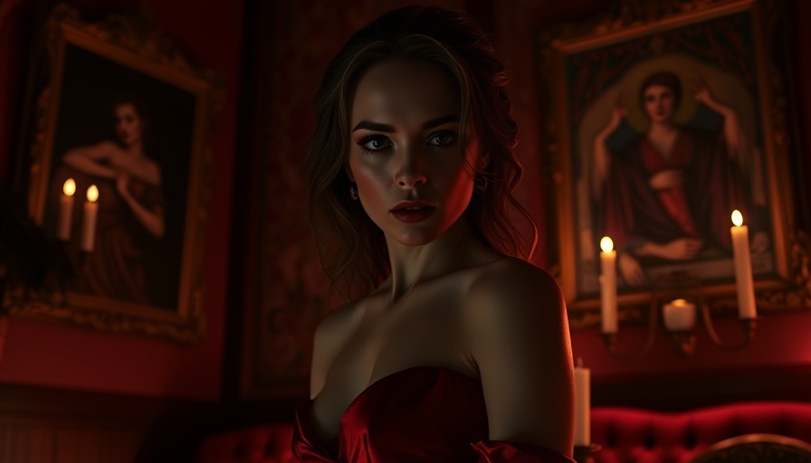Gothic portrait scene with woman in red dress at arts event.