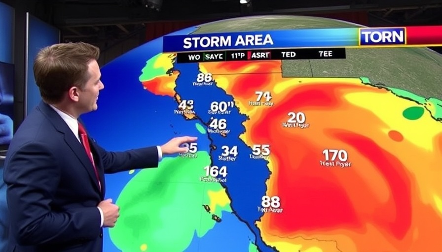 Bay Area storm forecast on TV with weather forecaster and map.