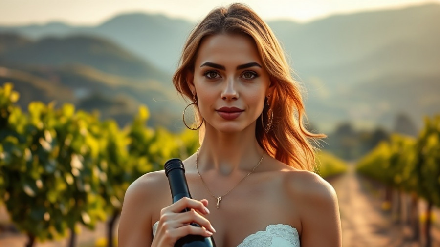 Elegant woman in Sonoma vineyard with wine bottle.
