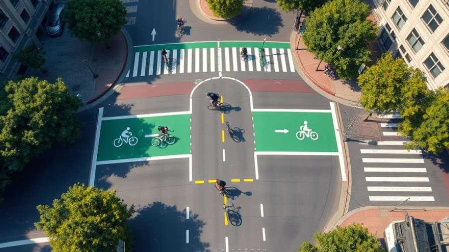 Aerial view of a protected bike intersection with green lanes.