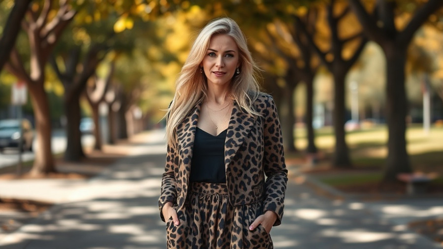 Versatile Autumn Skirts: Woman in leopard print jacket and long skirt in sunlit park.