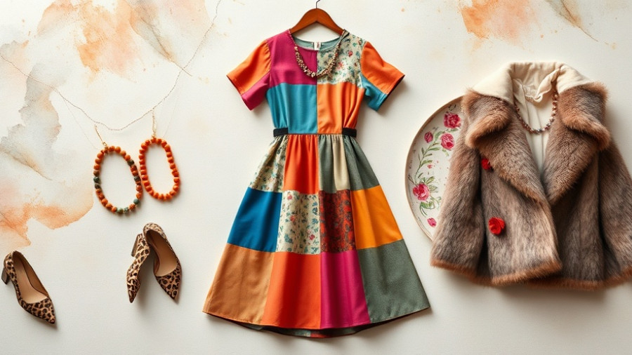 Colorful patchwork dress and accessories, October Fashion Finds.