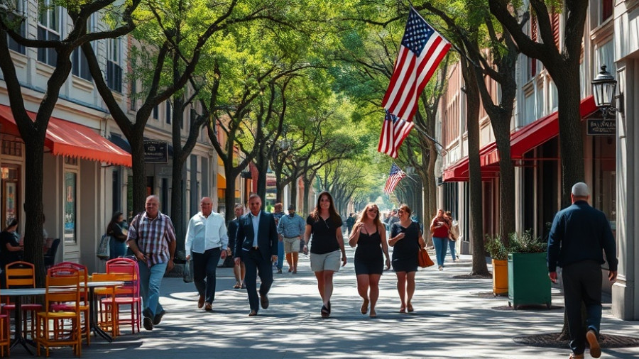 Urban street scene with pedestrians and colorful outdoor seating.