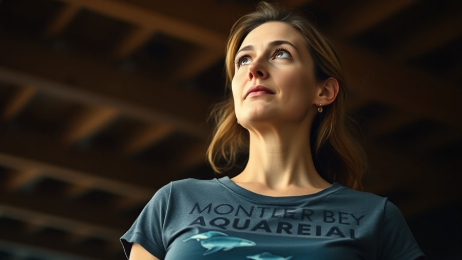 Woman in Monterey Bay Aquarium T-shirt looking upwards, thoughtful.