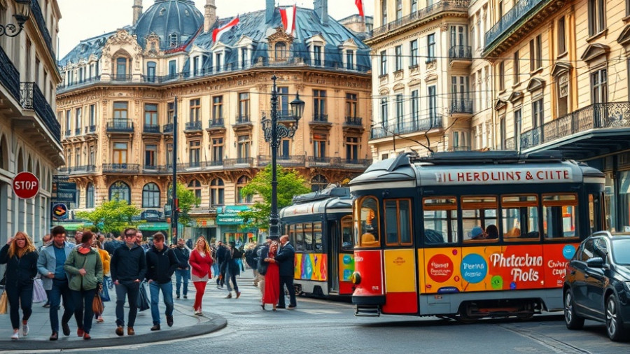Busy urban street with people and tram, historic buildings in background.