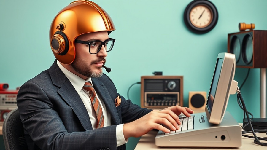 Quirky businessman using retro device for inbound marketing tools.