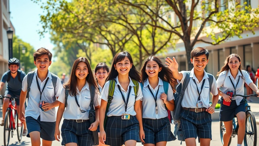 Group of students happily walking in a vibrant urban environment, symbolizing female leadership breaking through the status quo.