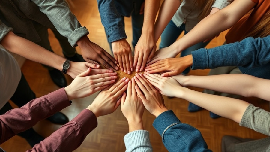 Diverse hands united, supporting immigrant families in the Bay Area.