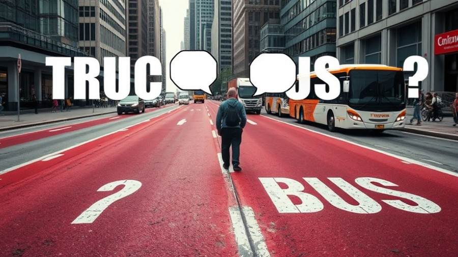 Urban bus lane marked for trucks, humorous addition, city scene.