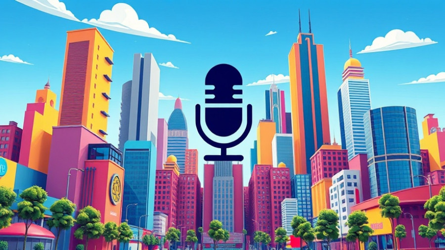 Cartoon cityscape illustration with microphone icon.