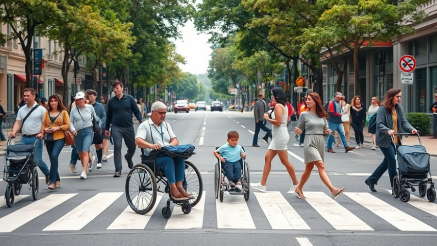People crossing street with wheelchairs and strollers, PROWAG Accessibility Guidelines.