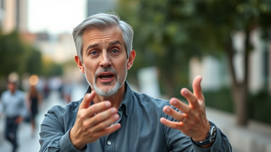 Confident speaker outdoors, gesturing expressively during talk.