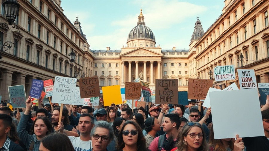 Protest scene with diverse crowd and signs in front of historic building.