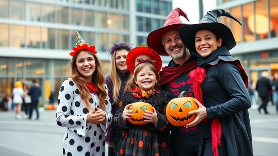 Family in costumes enjoying Halloween events at San Francisco's Thrive City.