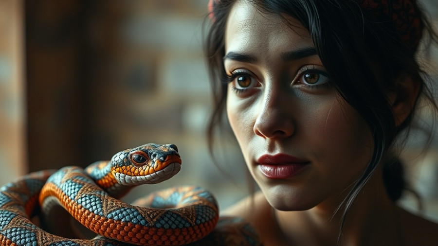 Detailed handcrafted beaded snake next to a woman's portrait.
