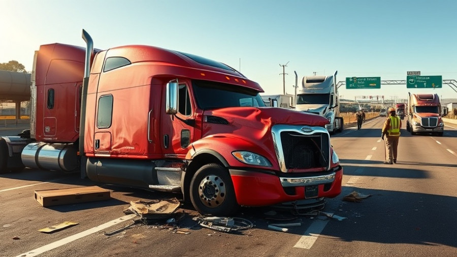California semitruck crash scene with severe vehicle damage and emergency responders.
