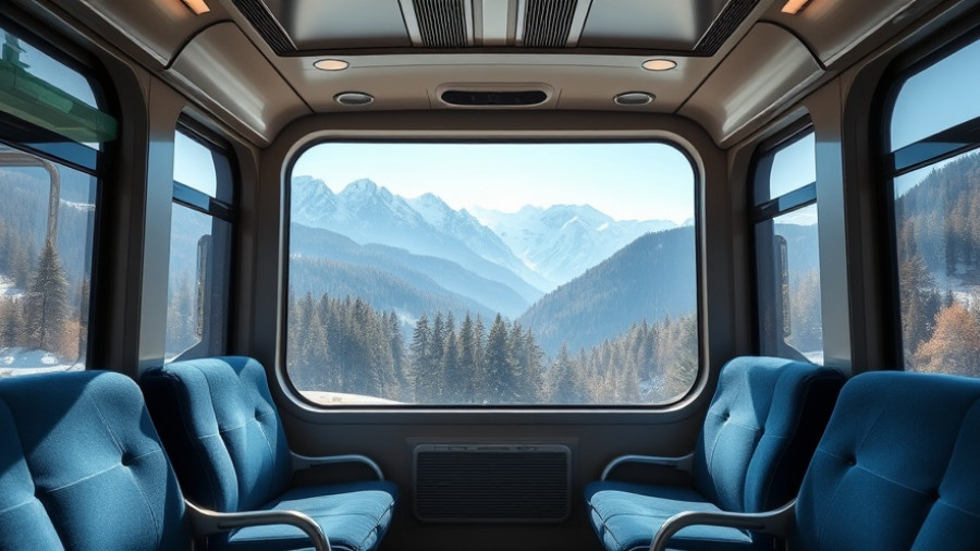 Amtrak train journey showcasing snowy mountain scenery through windows.