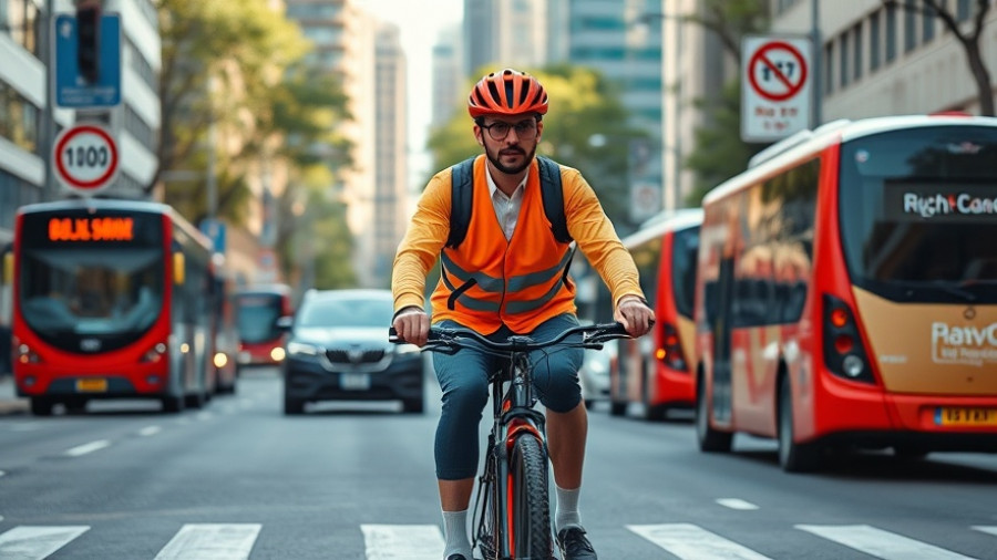 Cyclist in safety gear on a city street with traffic signs, bicycles safety laws.