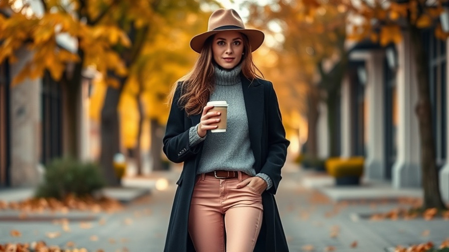 Stylish woman embracing autumn accessories trends on a leafy street.