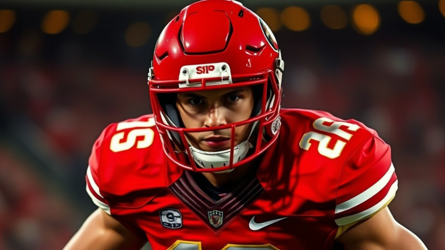 Focused football player highlighting mental health awareness in sports.