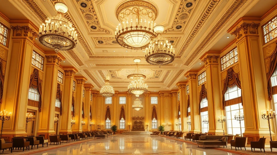 Grand ballroom with luxurious decor and seating, Trump's ballroom funding.