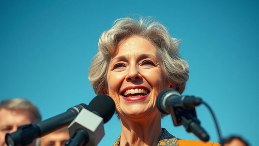 Older woman speaking into microphones against blue sky.
