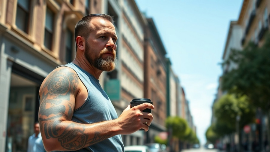 Tattooed man with cup in San Francisco street, green park, clear sky.